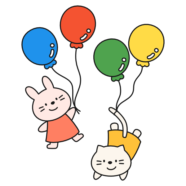 風船で浮かぶうさぎとねこ