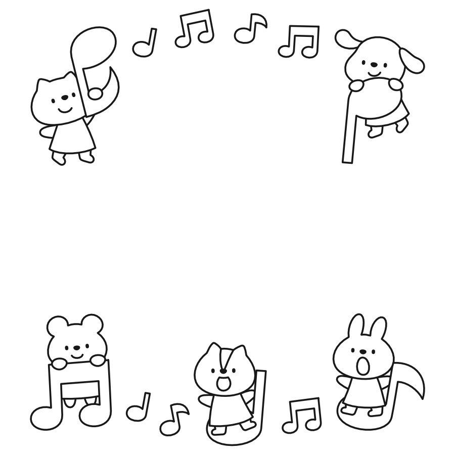 【フレーム】音符とどうぶつたち(白黒)