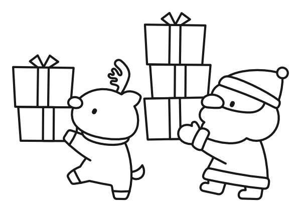 プレゼントを運ぶサンタさんとトナカイ(白黒)