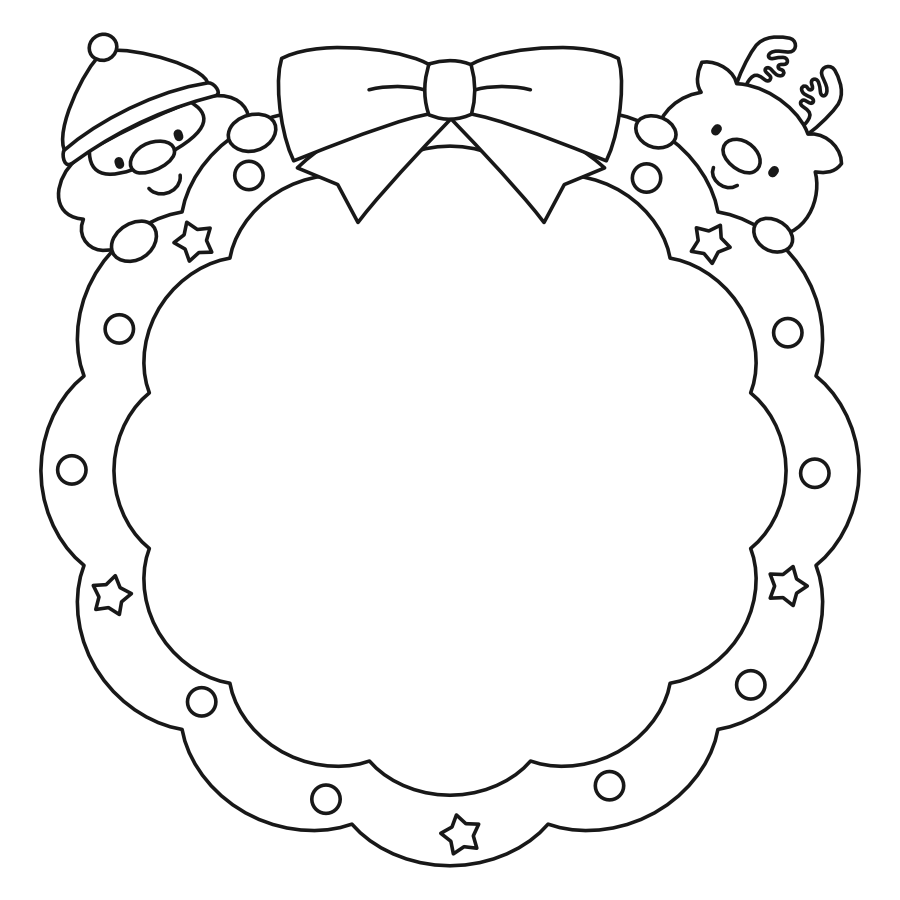 【フレーム】クリスマスリース(白黒)