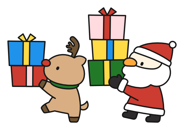 プレゼントを運ぶサンタさんとトナカイ(カラー)