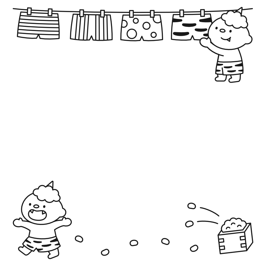 【フレーム】洗濯おにと豆まきおに(白黒)