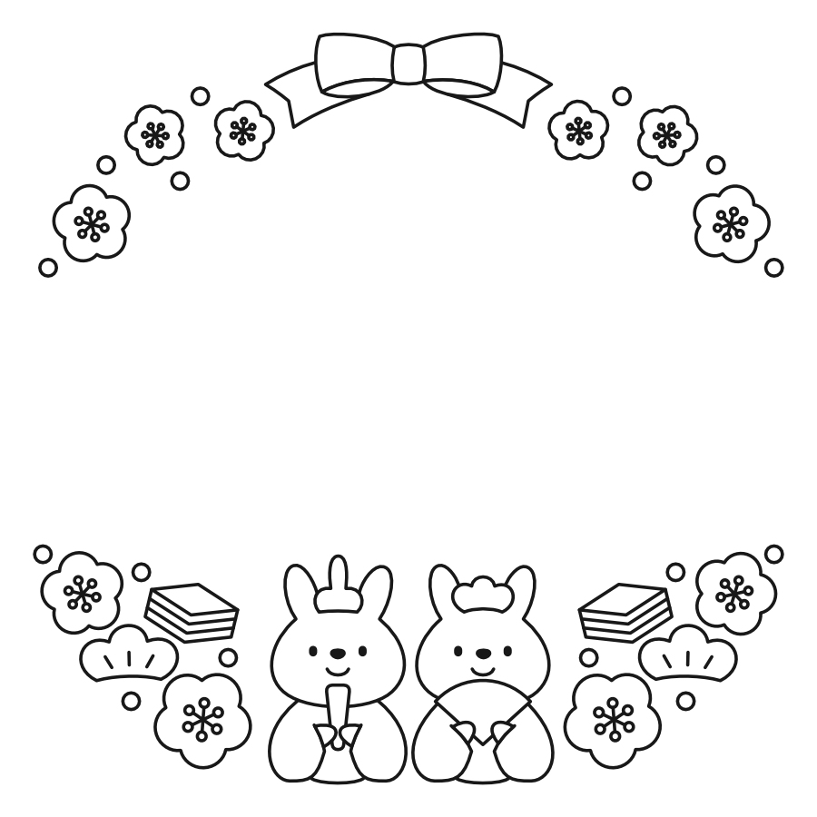 【フレーム】ひなまつりとうさぎ（白黒）